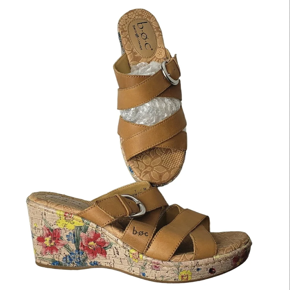 Cottagecore Sandals 7 Cush Painted Floral Strappy Wedge Mule BOC BORN Concepts